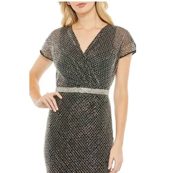 Mac Duggal BEADED WRAP V-NECK SHORT‎ SLEEVE MIDI DRESS Size 8 93787 NWT - Picture 2 of 8